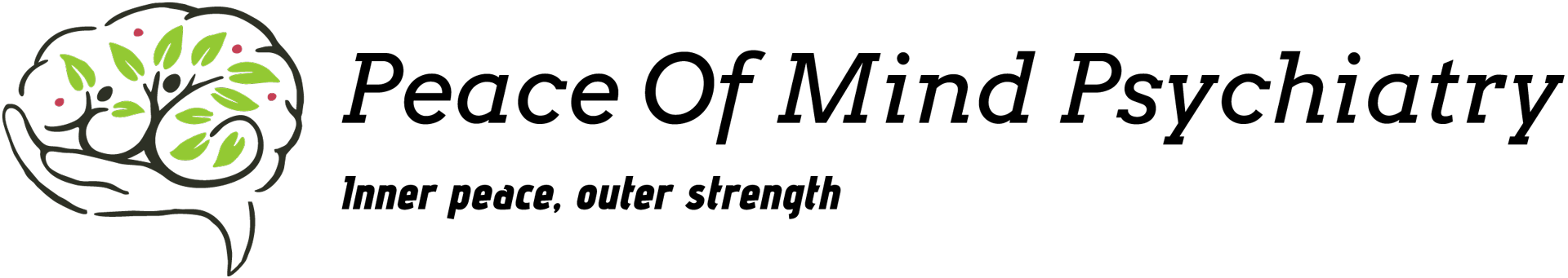 Logo for Peace Of Mind Psychiatry with a brain-shaped tree icon and the tagline,
