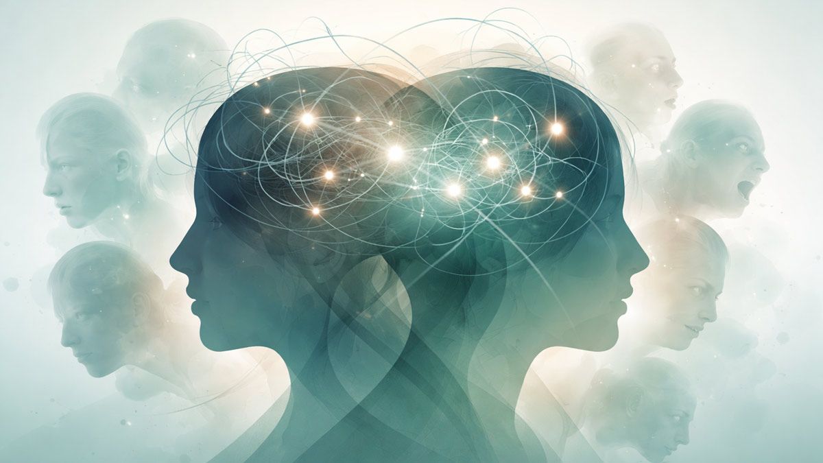 Two silhouettes of heads, connected by glowing neural pathways. Other faces float in the background showingschizophrenia.