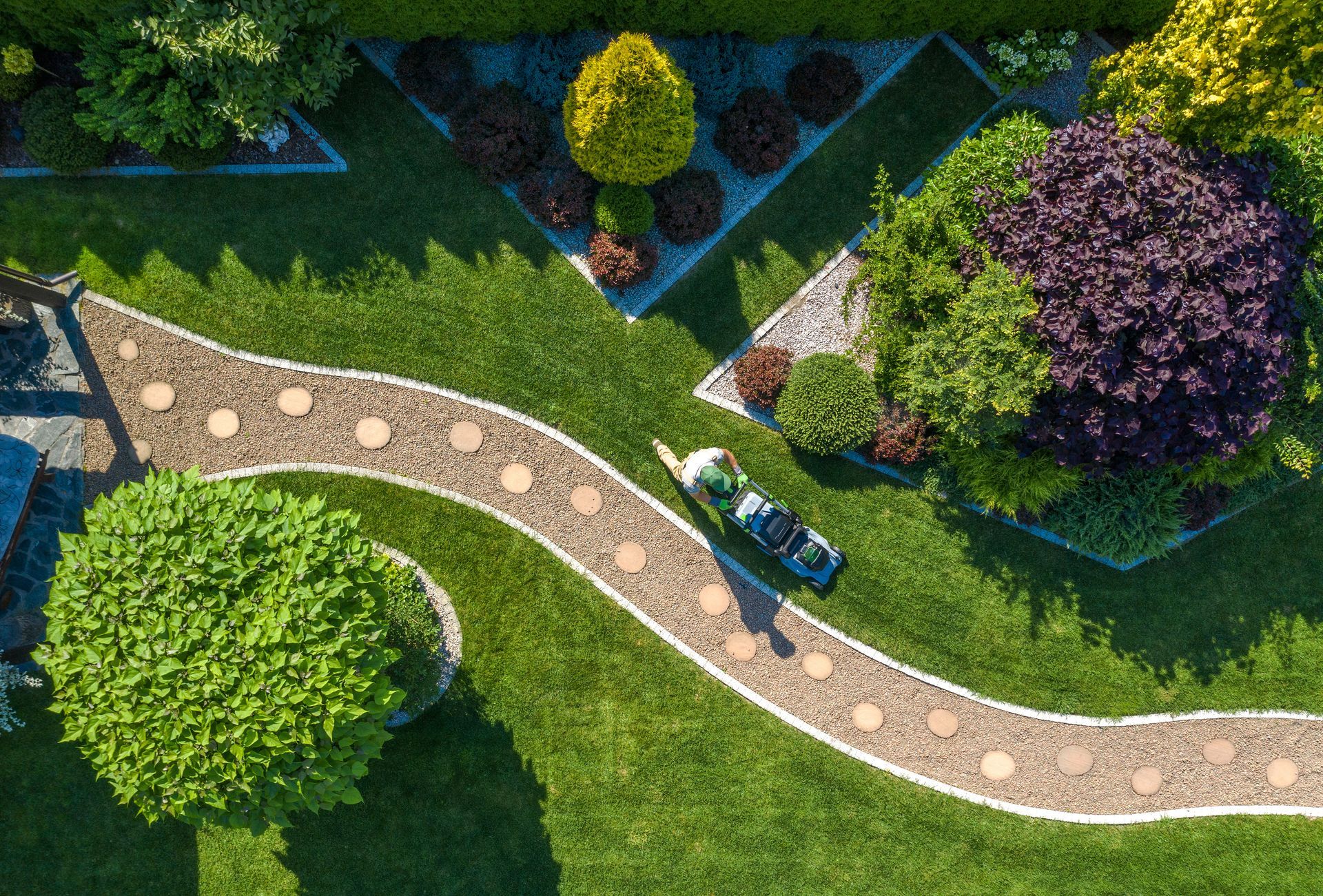 Aerial view of a winding garden path beside green lawns, trees, and a bench in a landscaped yard