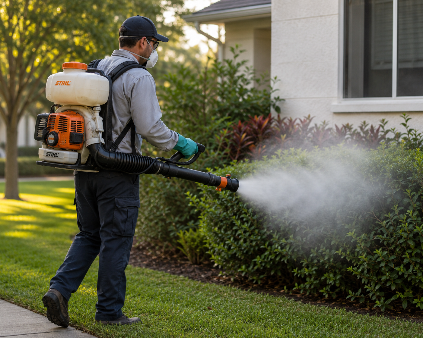Person operates a fogging machine releasing white smoke over grass outdoors.