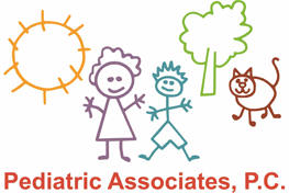 Pediatric Associates, P.C. logo with childlike drawings of sun, people, tree, and dog