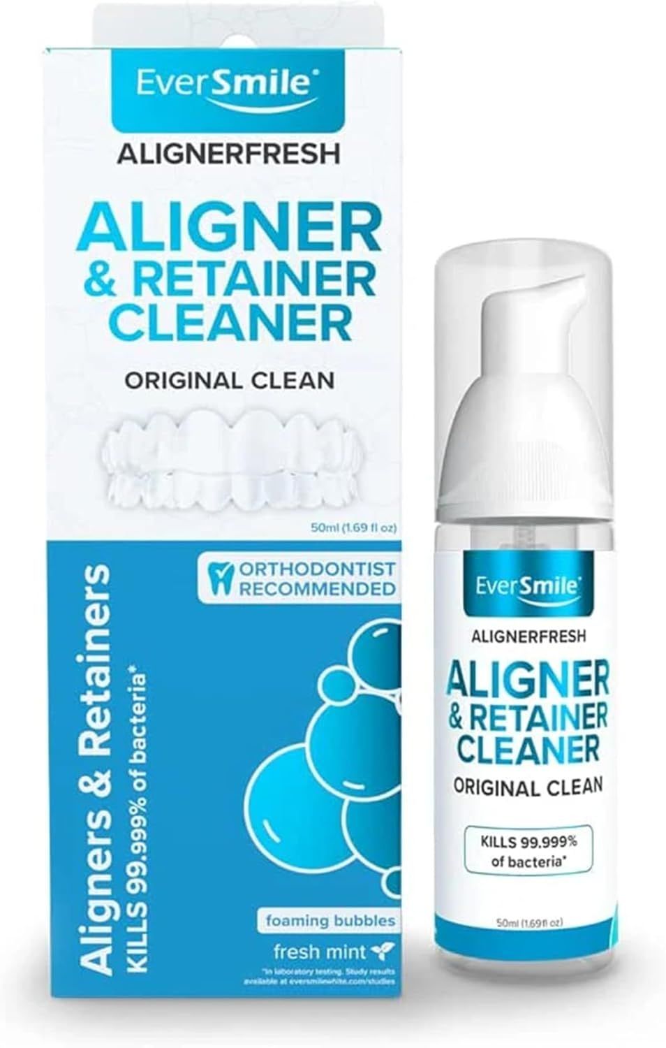 EverSmile AlignerFresh foam cleaner in a white and teal bottle with its matching box.