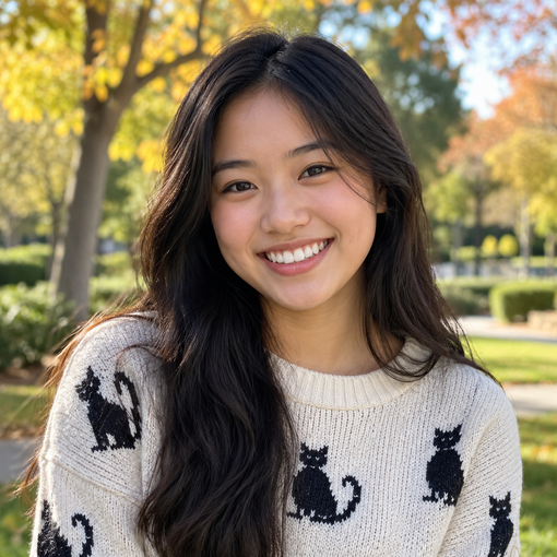 Smiling woman outdoors in a park, wearing a cream sweater with black cat patterns.