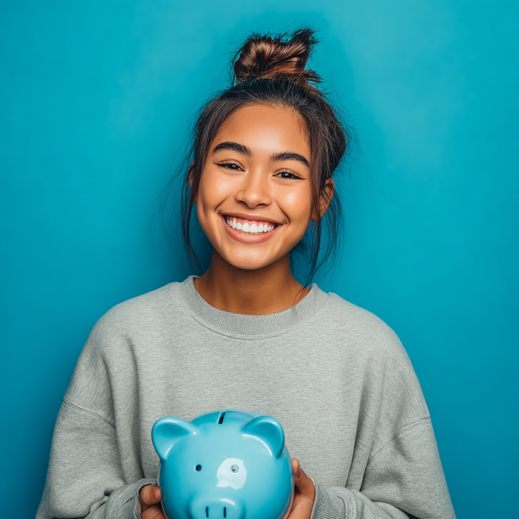 Woman holding a blue piggy bank, smiling against a blue background.