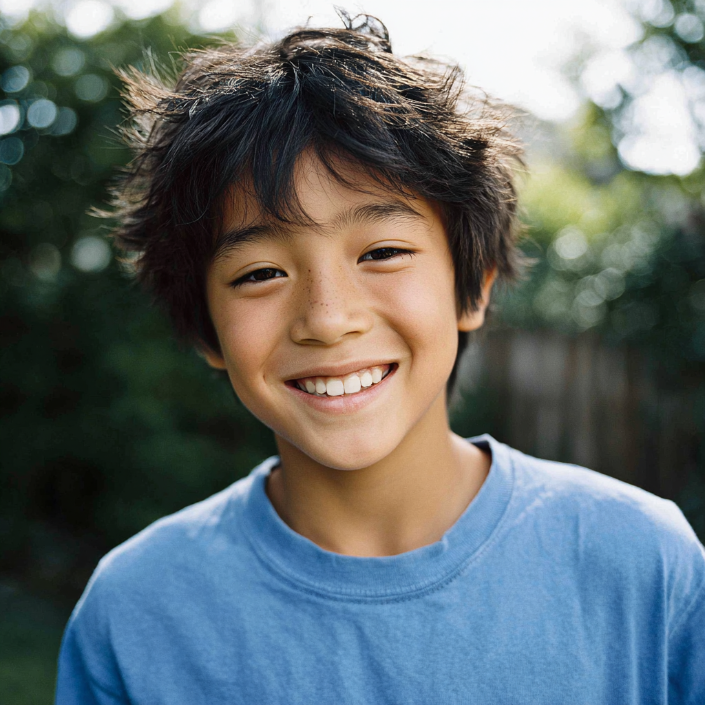 Boy with messy hair, smiling, wearing a blue shirt. Outdoors with greenery in the background.