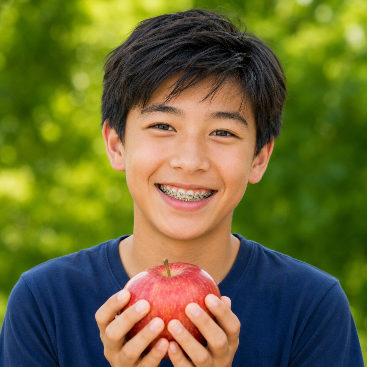 Smiling teen holding a red apple in a green outdoor setting