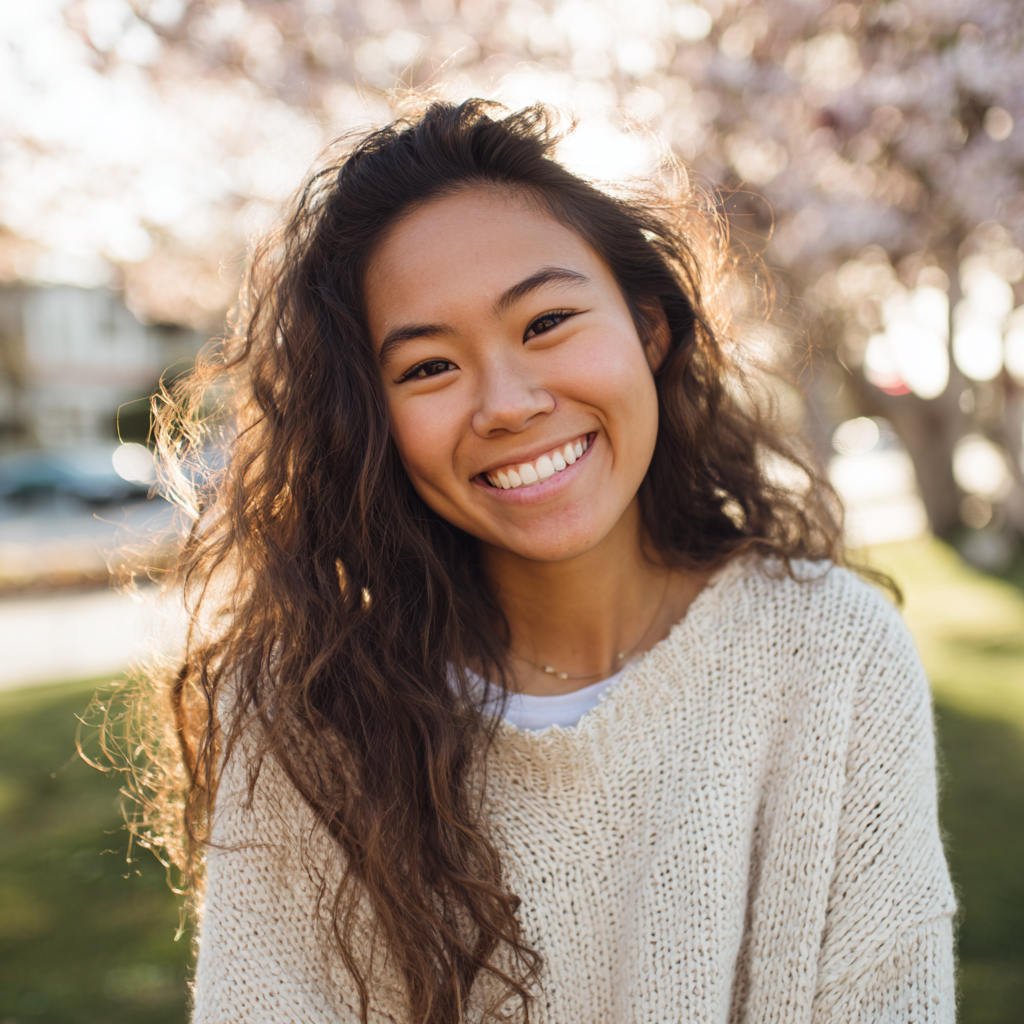 A smiling person with long wavy hair, wearing a beige knitted sweater, posed outdoors during a sunny day.