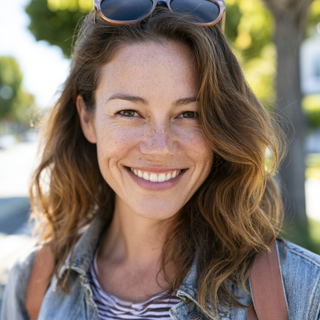 Smiling woman outdoors with sunglasses on her head and a denim jacket, standing in sunlight.