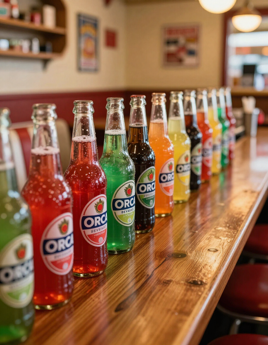 Orca Beverage glass soda bottles on a diner counter