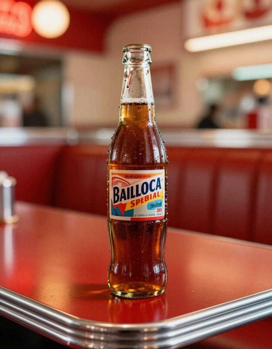Specialty soda bottle in a retro diner setting