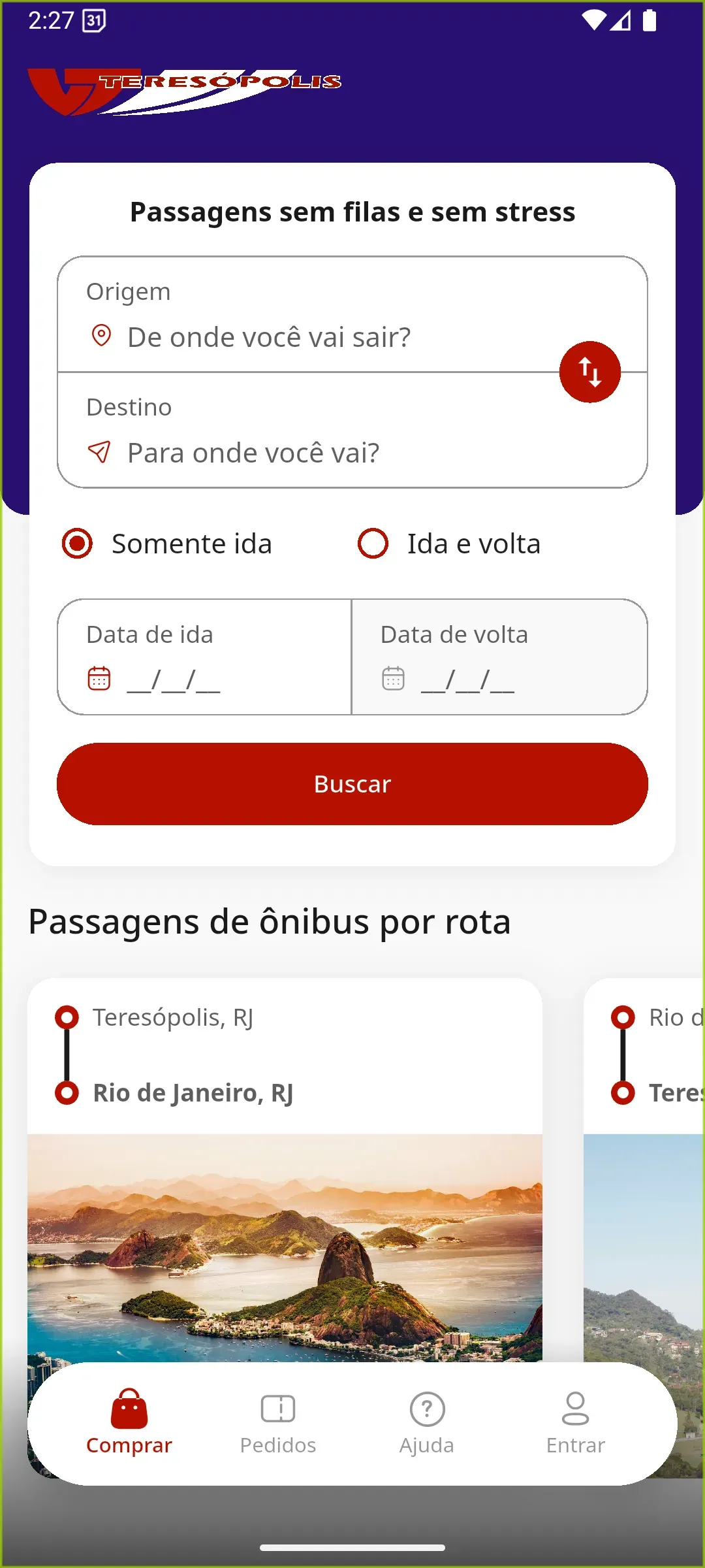 Tela de aplicativo para smartphone para reserva de passagens de ônibus, exibindo campos de busca de viagens e rotas 