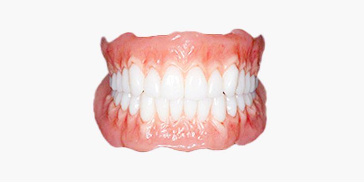 False teeth dentures, pink gums, white teeth.