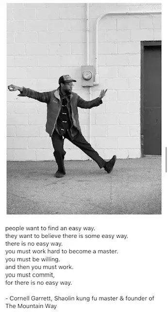 Man in kung fu pose, text 