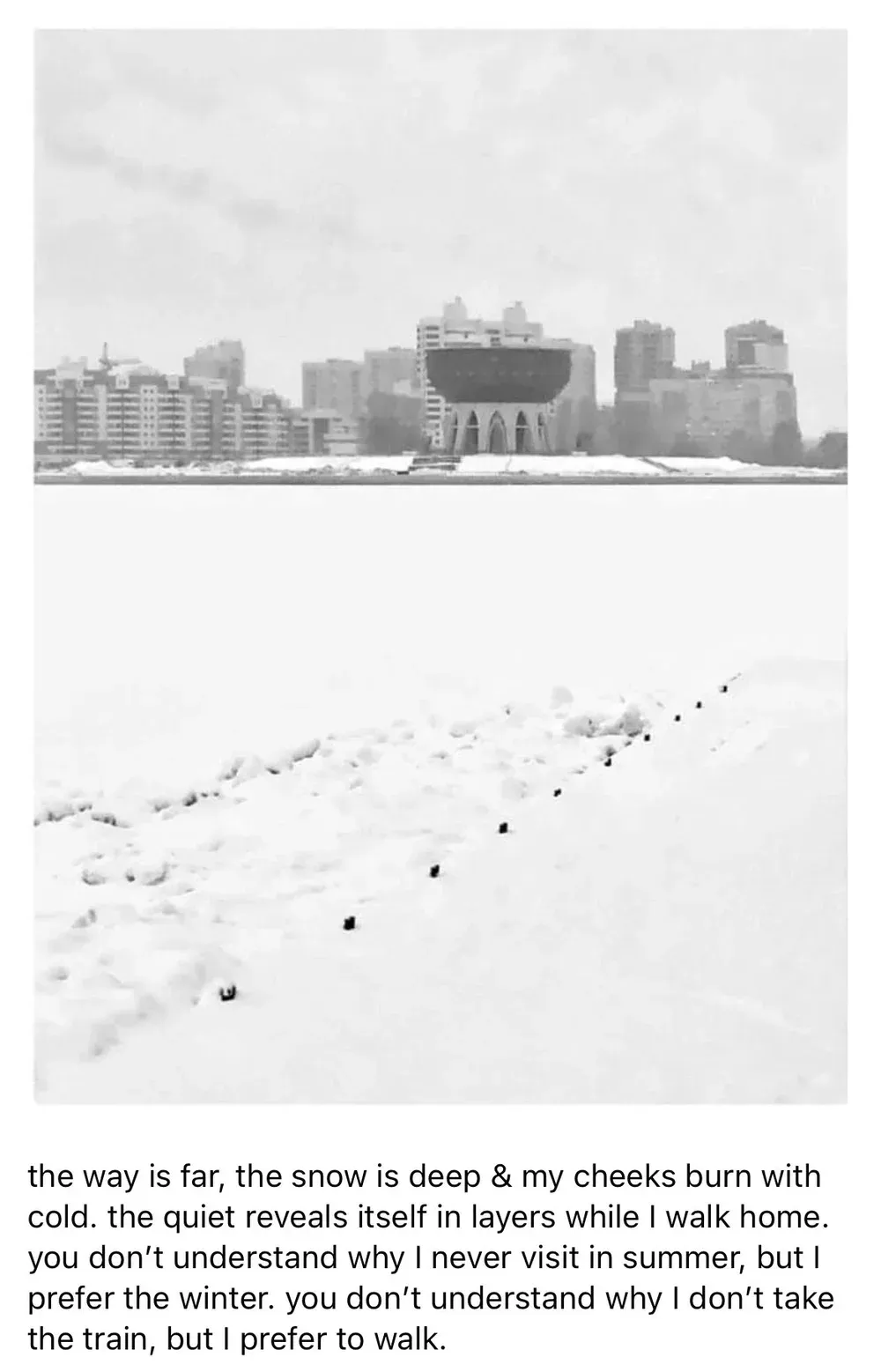 Snowy landscape with footprints leading toward a city skyline. Text at the bottom describes the winter walk home.