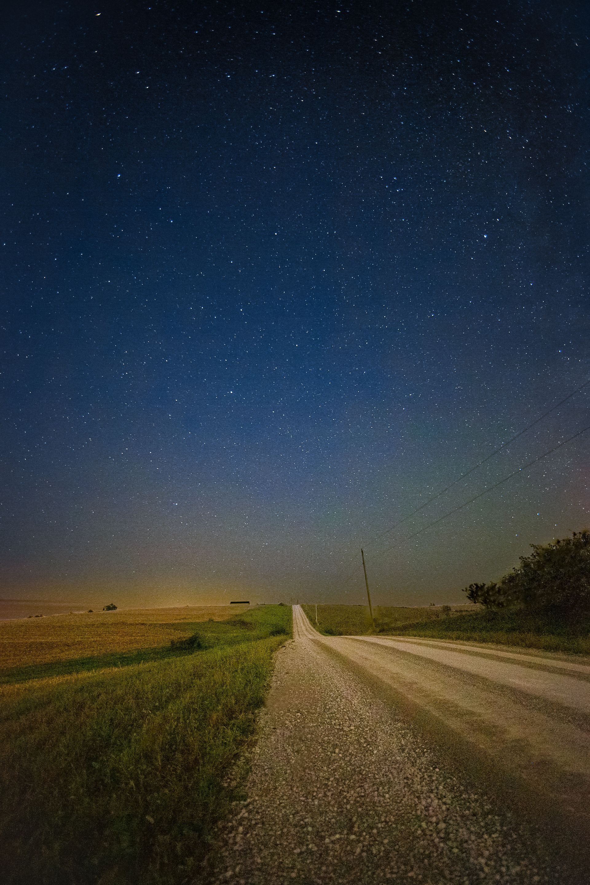 Dirt road leading towards a starry night sky over a field.