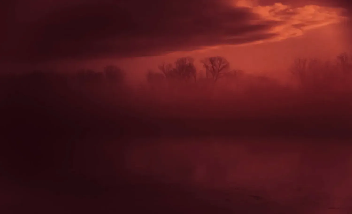 Red-hued foggy landscape with silhouettes of trees against a fiery sky.