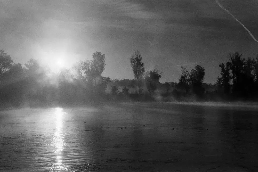 Sun reflecting on water with misty trees in silhouette.