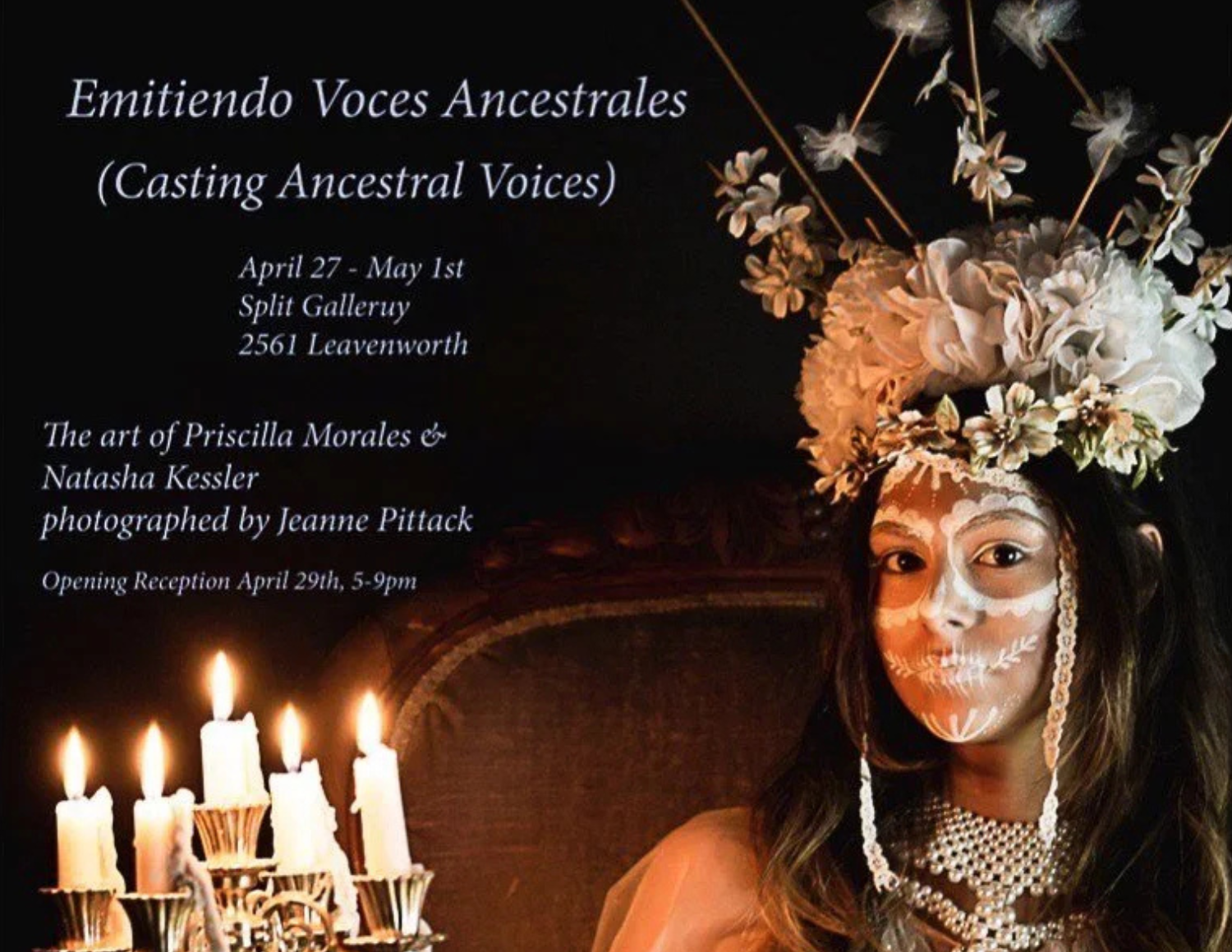Poster with a woman wearing elaborate white face paint and headdress, lit candles.