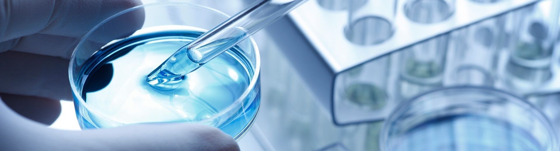 A gloved hand uses a dropper to add blue liquid into a petri dish in a laboratory setting.