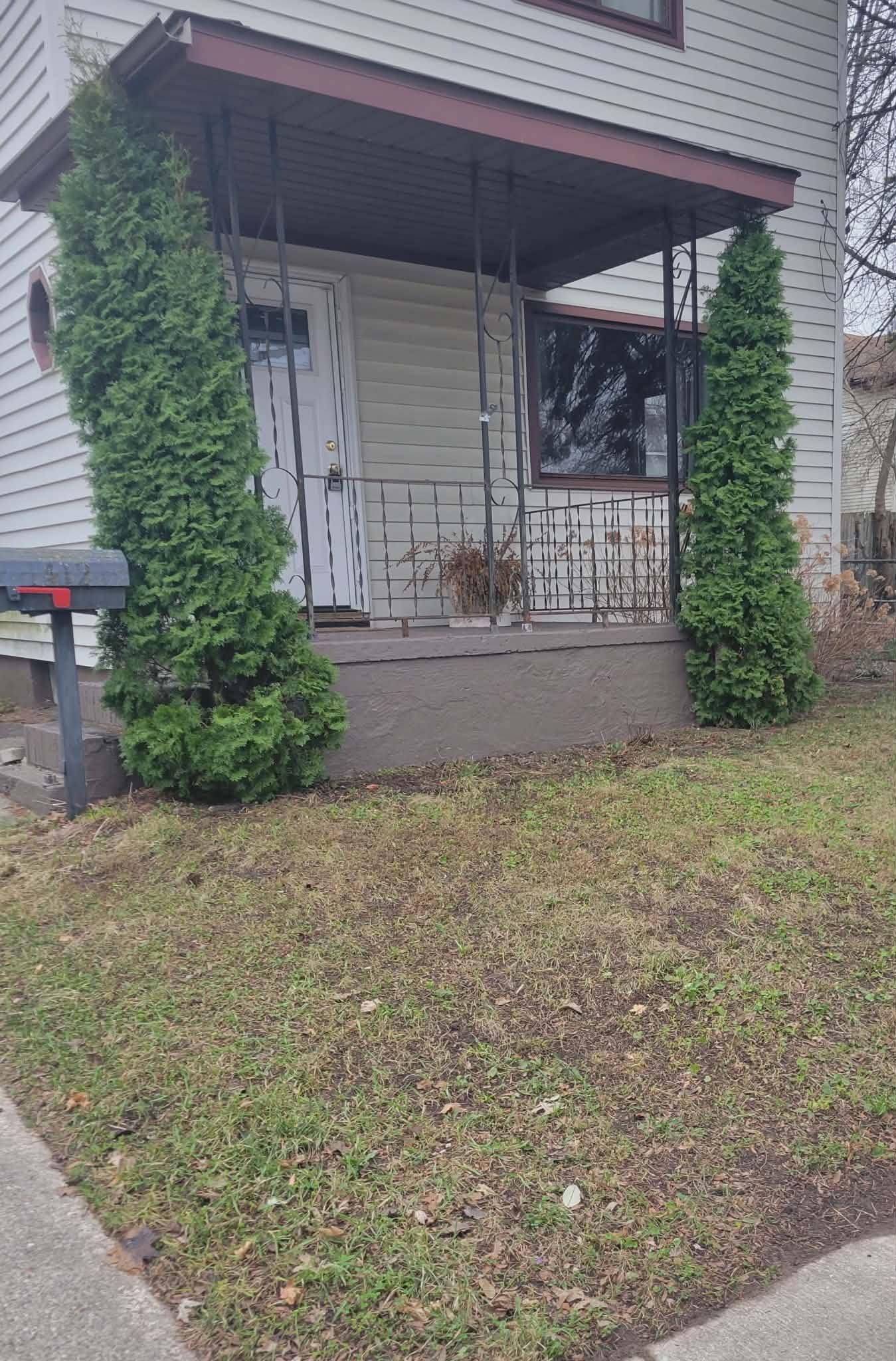 Front porch of a gray house with overgrown vines and a small lawn in front