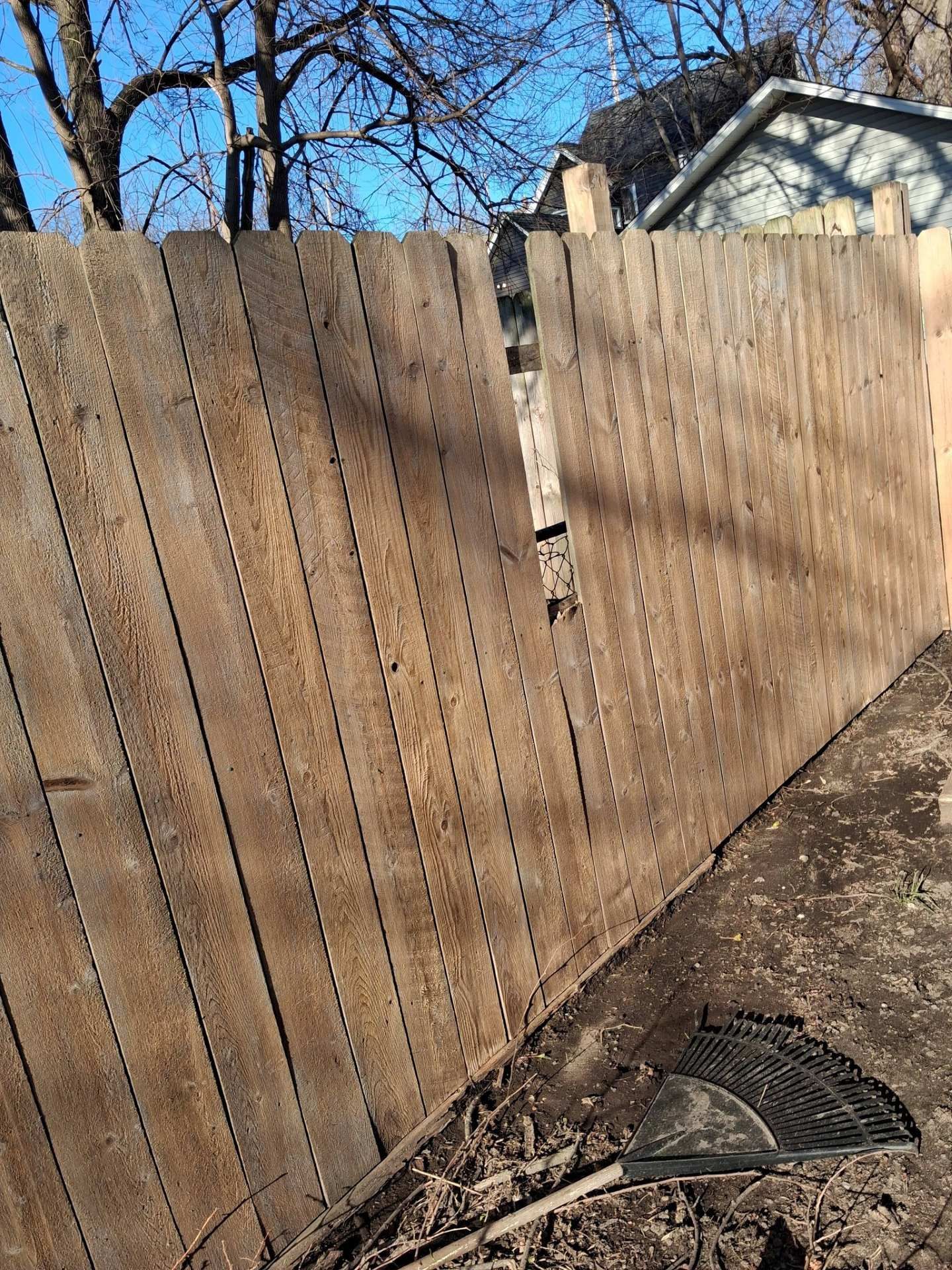 Wooden privacy fence along a dirt path, with bare trees and a house behind it on a sunny day.