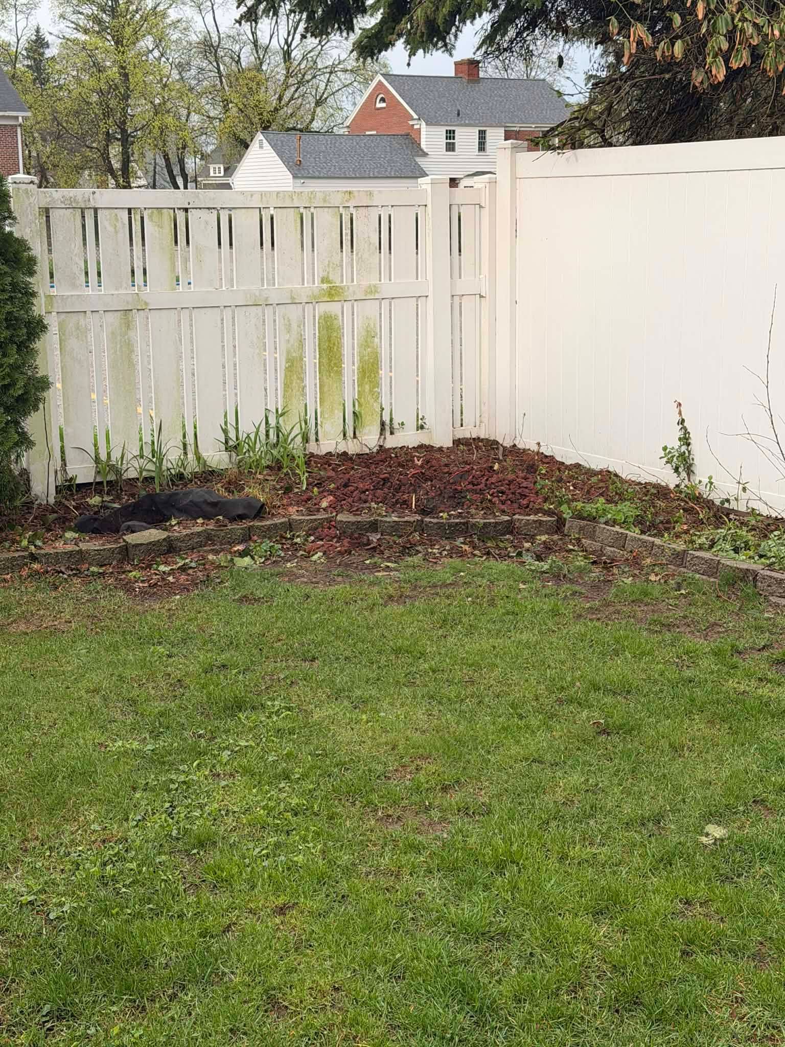 Backyard corner with a white wooden fence, patchy grass, and bare garden bed under trees