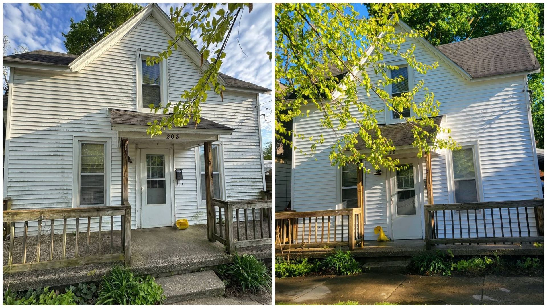 Two views of a white two-story house with a front porch and small yard in sunlight