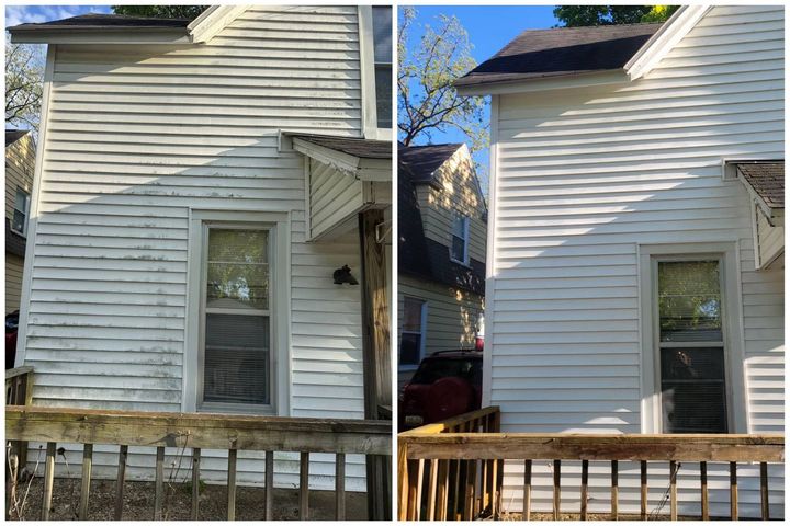 Side-by-side exterior photos of a white house with siding, windows, and a wooden fence in front.