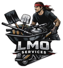 LMO Services logo with a tattooed worker holding tools and a wheelbarrow on a white background