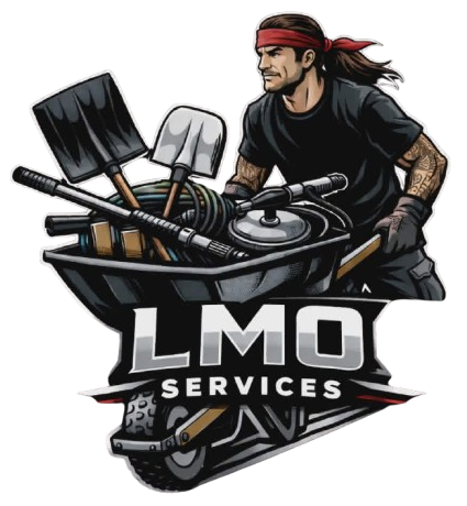 LMO Services logo with a tattooed worker holding tools and a wheelbarrow on a white background