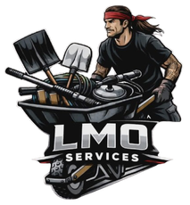 LMO Services logo with a tattooed worker holding tools and a wheelbarrow on a white background