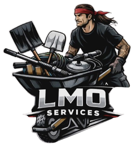 Logo of a worker with shovels and tools above “LMO SERVICES” text on a dark background
