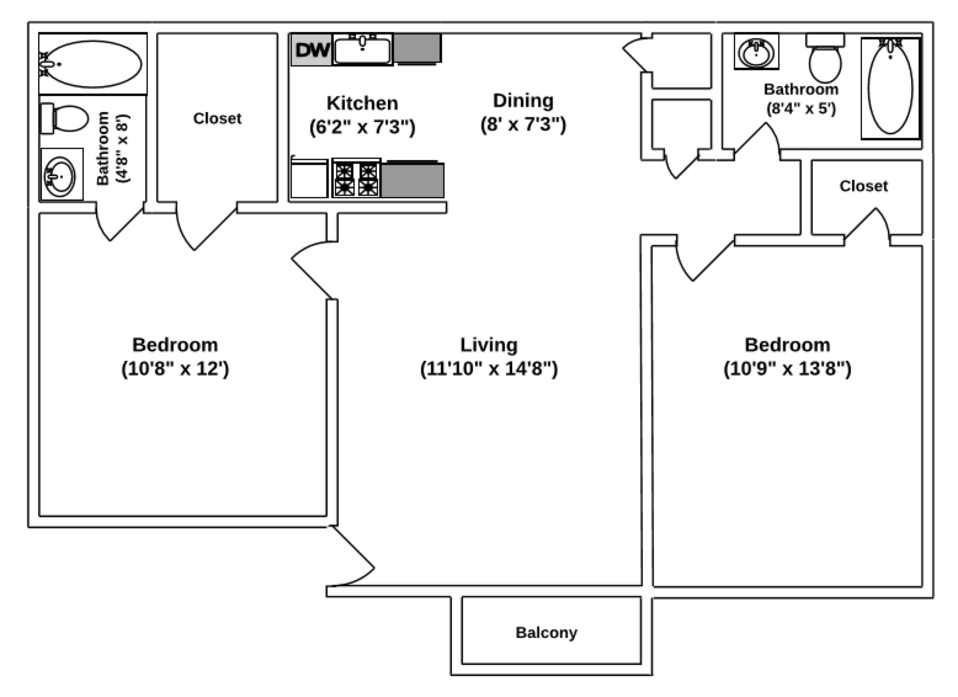 Floor Plan: 2 Bed · 2 Bath · 900 SQ. FT.