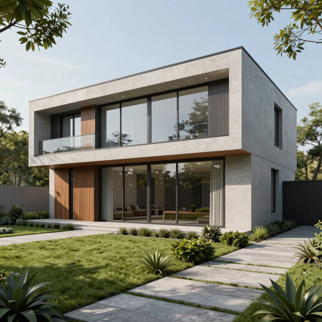 Moderna casa gris de dos plantas con grandes ventanales, detalles en madera y un jardín delantero paisajístico.