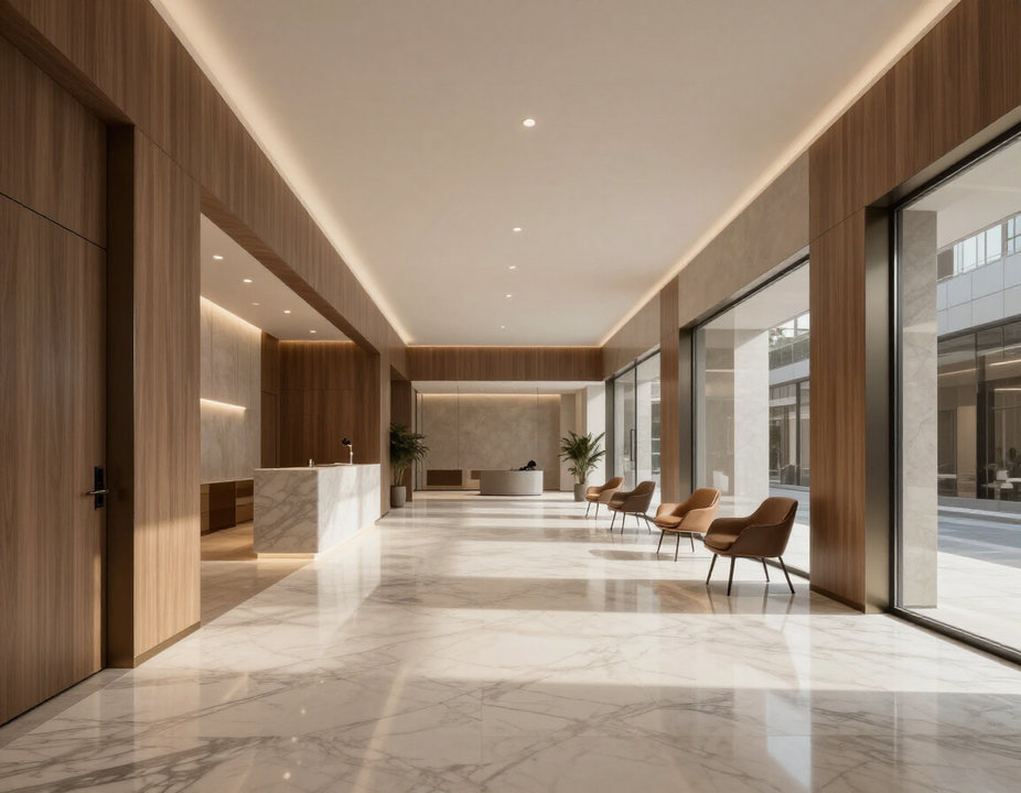 Vestíbulo moderno y minimalista con paredes de madera, suelo de mármol, grandes ventanales y sillones.