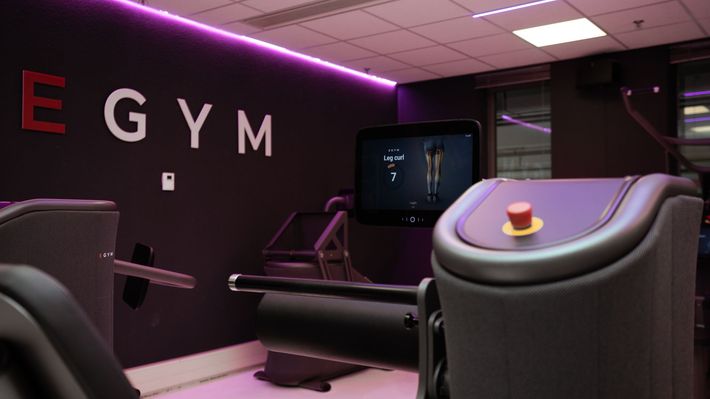 Een sportschool met veel apparatuur en een houten vloer.