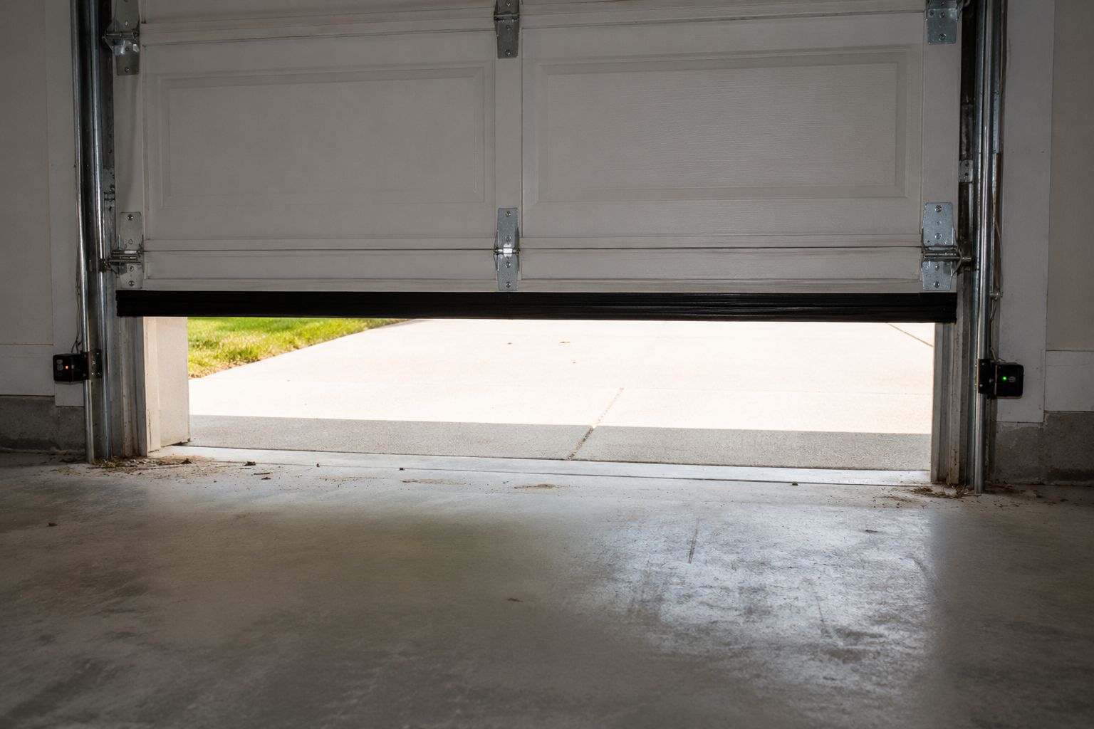 Open garage door with concrete floor and daylight visible outside
