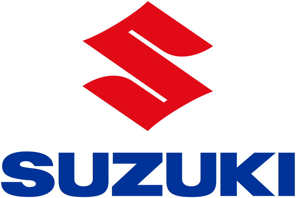 Red and white Suzuki logo with blue text: Suzuki.