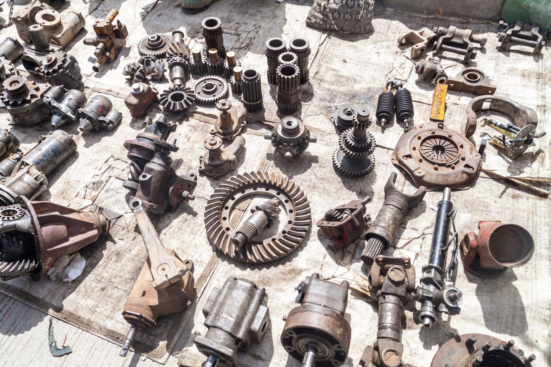 Spare parts of vehicles from auto parts recyclers.