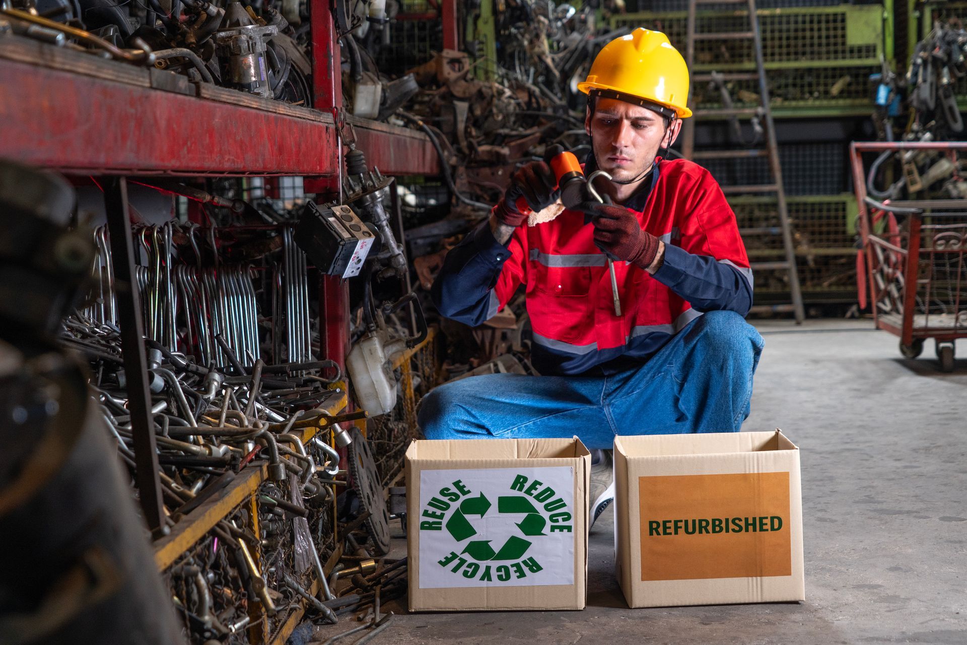 A staff member wearing a helmet selects car parts for reuse or recycle waste.
