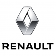 Renault logo, silver diamond shape with black text