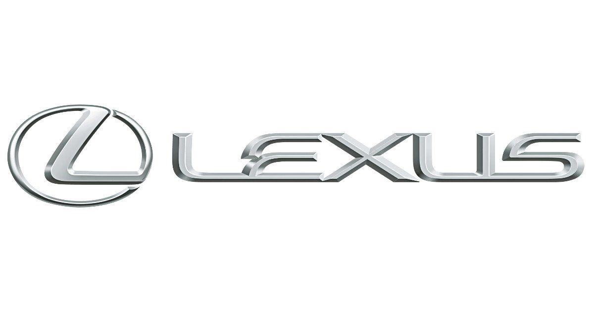 Lexus logo: Silver lettering and emblem on white background.