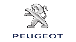 Peugeot logo: Silver lion silhouette with the brand name in dark blue text below.