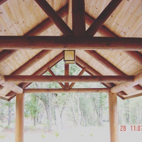 Wooden pavilion roof with exposed beams, open sides, and trees visible beyond the posts.