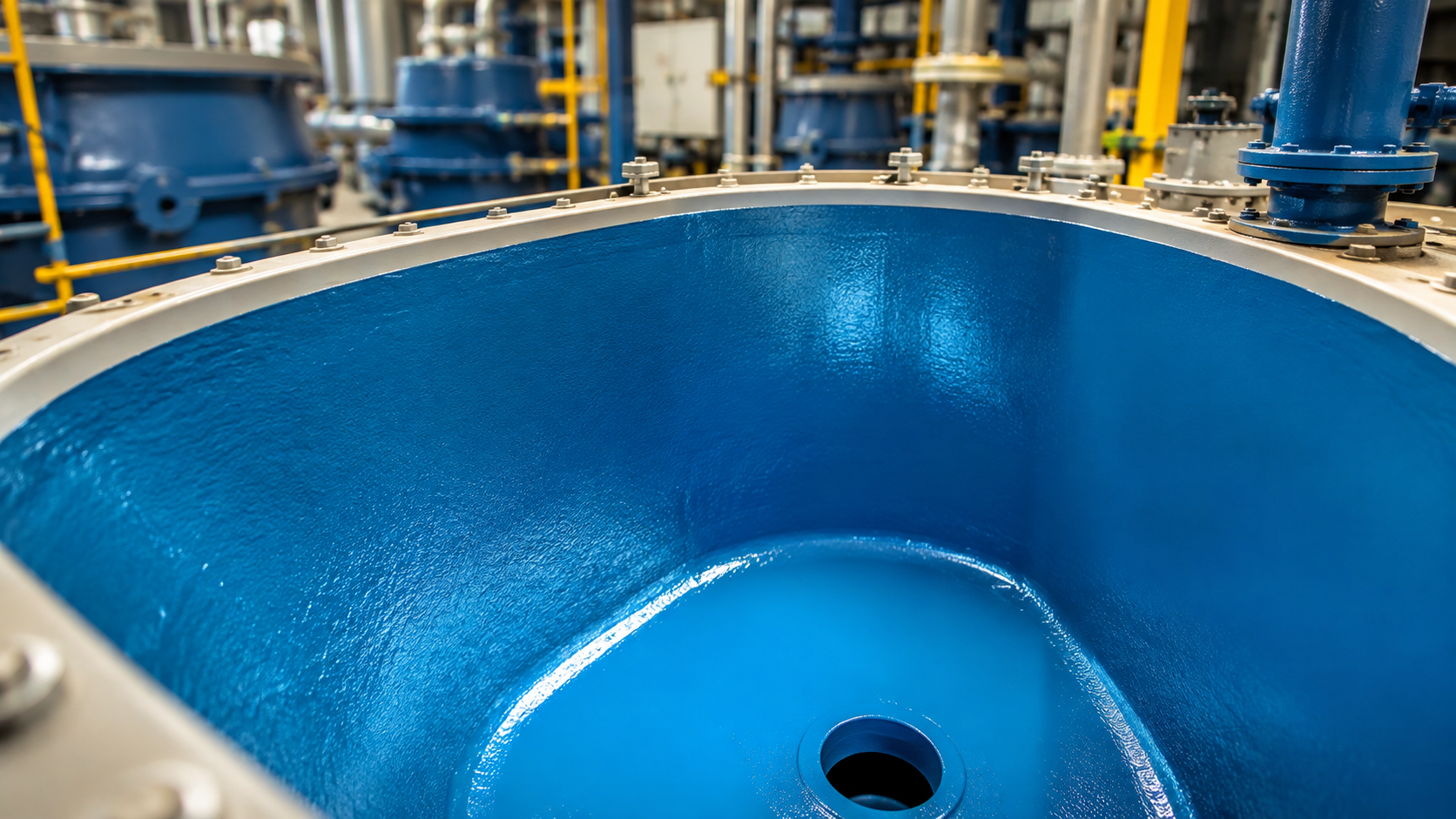 Blue industrial tank or pump interior with pipes and machinery in the background