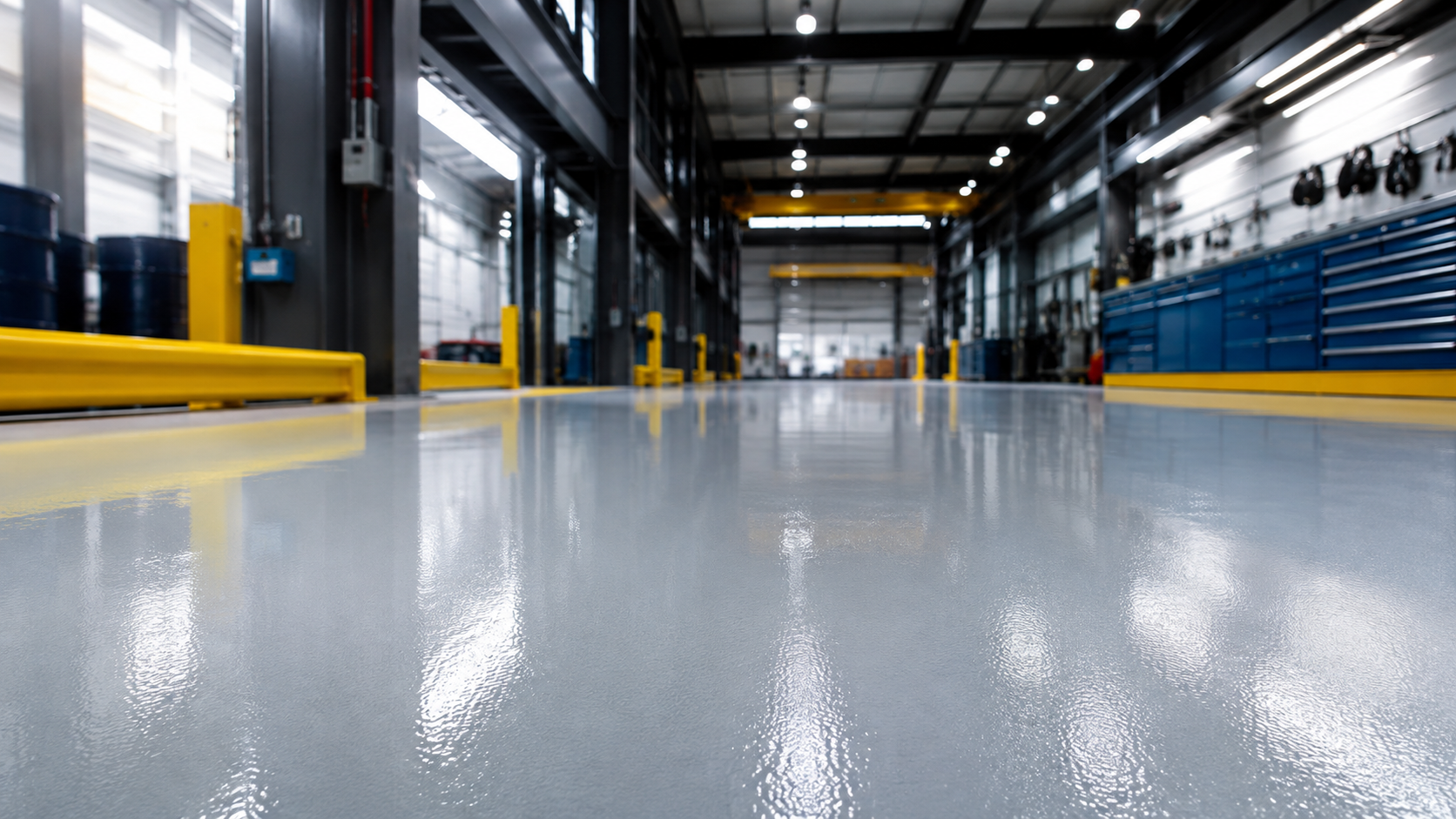 Empty industrial warehouse with polished concrete floor and blue machinery along the walls
