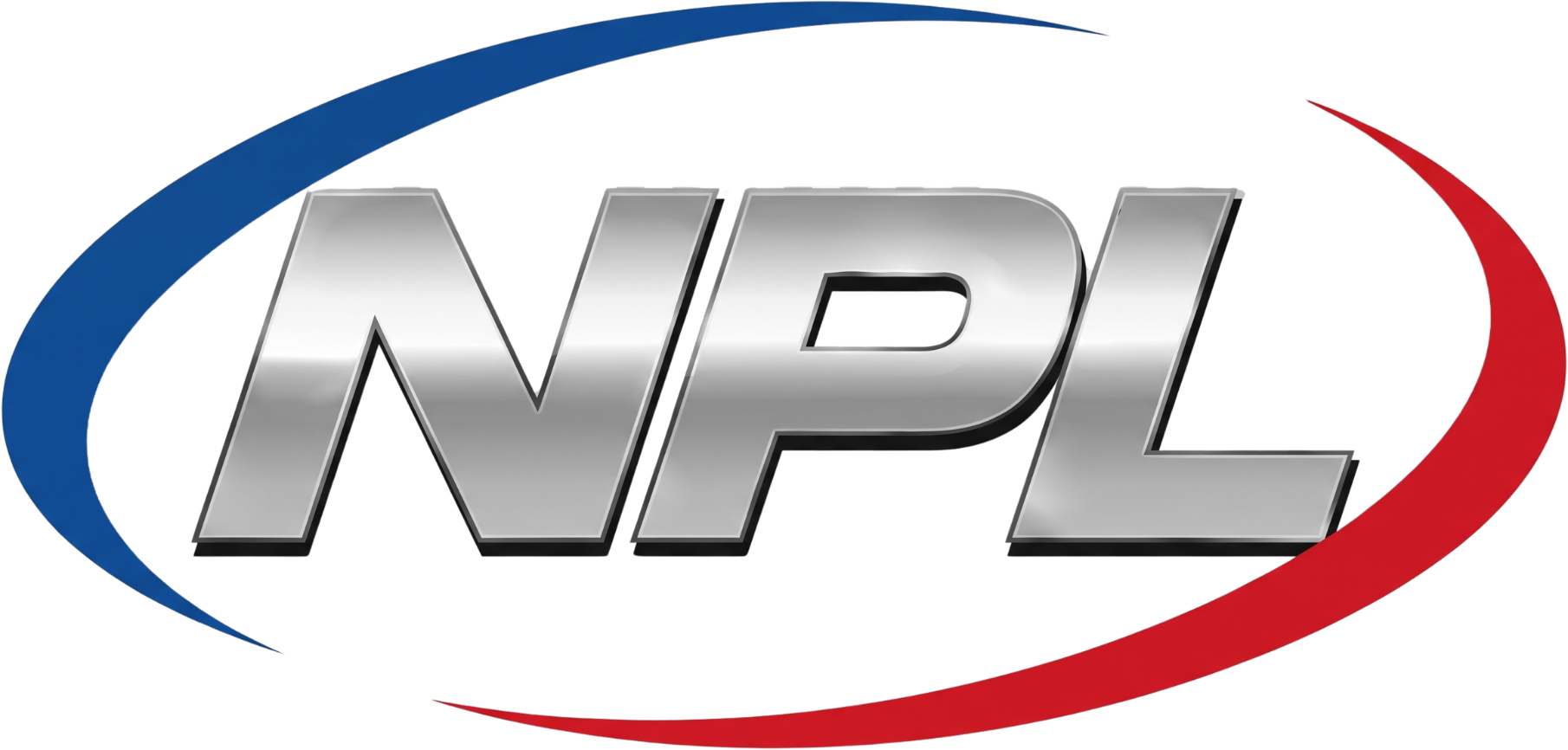 NPL logo with metallic silver letters and red-and-blue swoosh arcs on a white background