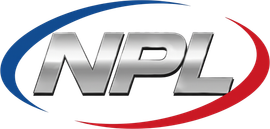 NPL logo with metallic silver letters and red-and-blue swoosh arcs on a white background