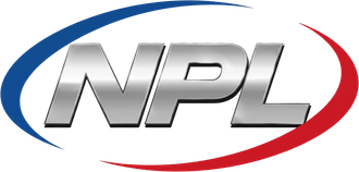 NPL logo with silver letters inside blue and red swooshes on a white background