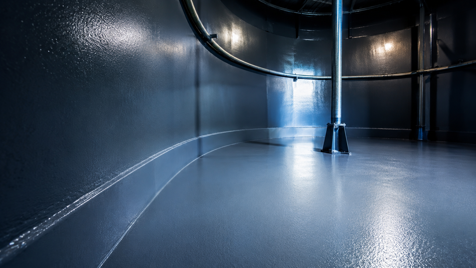 A black and yellow speed bump sits on a smooth, grey epoxy floor in an industrial charging or parking area.
